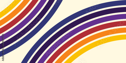 Abstract colorful 70s background vector. Vintage retro wallpaper with rainbow stripes and wavy lines. A 1970 color illustration suitable for posters, banners, decorative items and wall art.