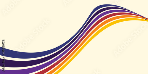 Abstract colorful 70s background vector. Vintage retro wallpaper with rainbow stripes and wavy lines. A 1970 color illustration suitable for posters, banners, decorative items and wall art.