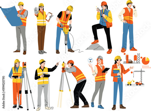 Ten flat vector illustrations of male and female mining and construction workers in safety gear performing various on-site tasks including surveying, drilling, directing, and data presentation. 