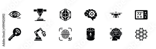 Modern Technology Icons, AI Brain, Drone, 3D Printer, Robot Arm, VR Headset, Smart Thermostat, Magnifying Glass, Nanotechnology, Biometrics, Battery