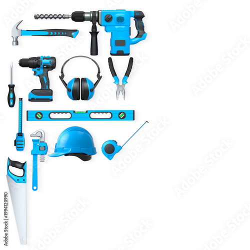 Collection of construction tools, helmets, and safety gear on white background, symbolizing work safety and building industry