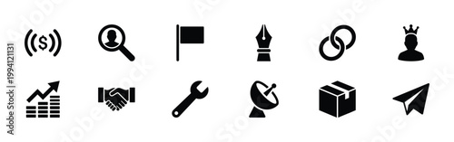 Business Icons Set, Finance, Search, Strategy, Collaboration, Technology, Logistics, Communication, and Leadership Concepts