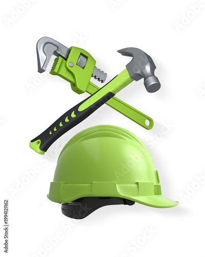 Safety helmet with hammer and pipe wrench crossed above, on white background with clipping path, symbolizing construction work