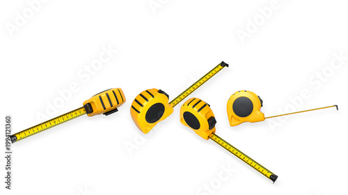 Brightly colorful tape measures extended outward, isolated on white background. Concept of measurement and construction tools