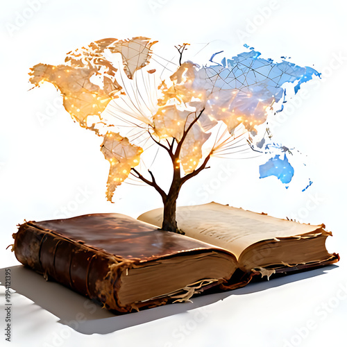 Vertical photorealistic illustration of a global family tree growing from an open antique book at the bottom, transforming into a network of fiber optic light trails forming continents. Clean white se