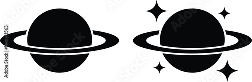 Saturn planet, illustrations set, stylized cosmic designs featuring ringed planet artwork for astronomy space exploration and science graphics.