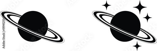 Saturn planet, illustrations set, minimalist stylized Saturn with rings for cosmic space themed design astronomy education and universe visuals.