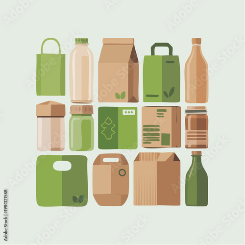 Eco Friendly Packaging System Sustainable Products Grid Layout Minimal Flat Vector Illustration
