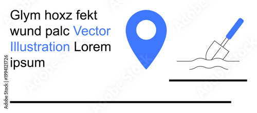 Navigation, excavation projects, location services, cartography tools, construction planning, and mapping solutions. Blue location marker with shovel digging into ground. Navigation and excavation
