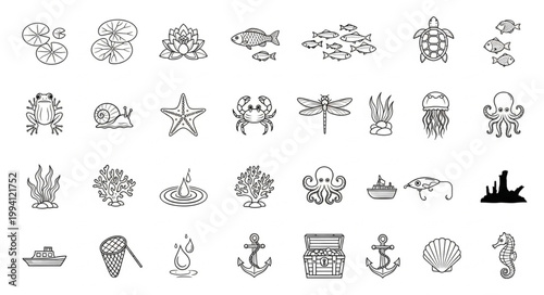 Collection of Marine Life and Nautical Icons.