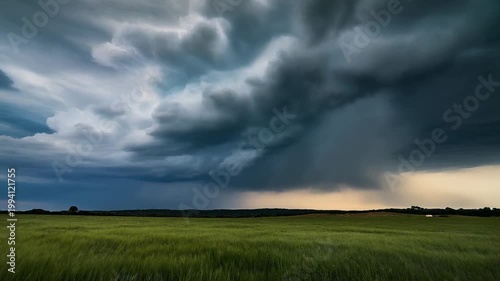 A large storm cloud looms over a vast green field with grass and trees in the distance at sunset