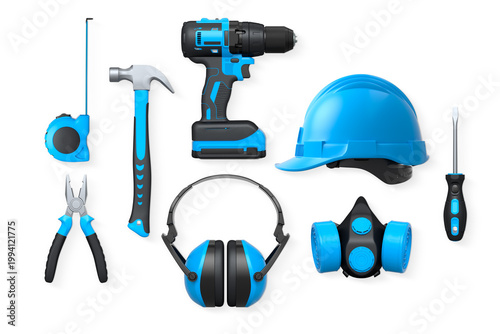 Collection of construction tools, helmets, and safety gear on white background, symbolizing work safety and building industry