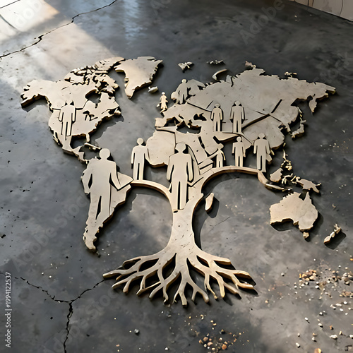  Cinematic photorealistic shot of a colossal genealogical tree made of intertwined human silhouettes and roots, forming a map of the world. Placed against a dark grey concrete textured wall, diffused 