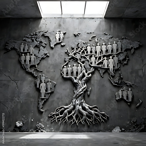  Cinematic photorealistic shot of a colossal genealogical tree made of intertwined human silhouettes and roots, forming a map of the world. Placed against a dark grey concrete textured wall, diffused 