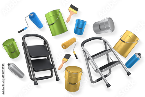 Step ladder with black steps, paint cans, roller and paint brushes on white background with clipping path, concept of painting