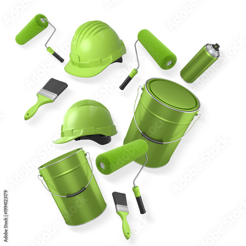 Construction helmet, paint roller, brush and paint bucket isolated on white background, representing painting and renovation tools