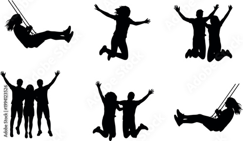 Dynamic silhouettes of people jumping and swinging a collection of energetic figures in motion