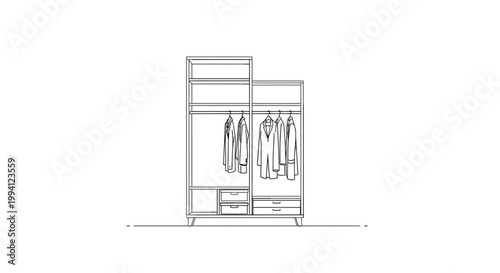 Minimalist Sketch of a Modern Wardrobe with Clothes and Drawers