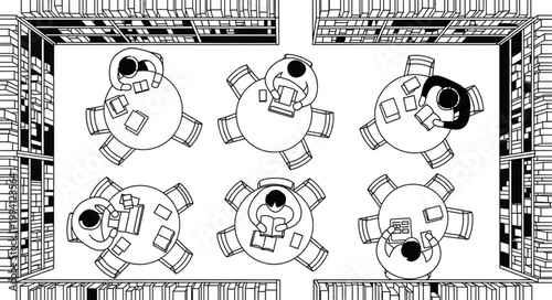 Six cartoon skulls sitting around round tables in a room.