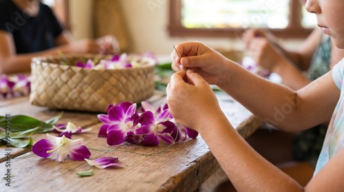 A heartwarming close-up capturing a child's hands carefully creating a traditional Hawaiian lei from fresh orchids during an authentic island craft workshop.