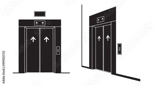 Minimalist Black and White Line Art Illustration of Two Elevator Doors with Up Arrows and Call Buttons, Featuring Front and Perspective Views.