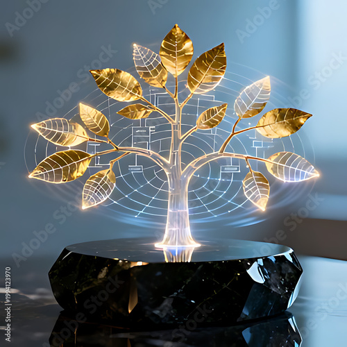  A macro photograph of a futuristic holographic family tree hovering above a smooth obsidian base. The branches represent glowing neural connections and golden leaves with subtle latitude/longitude li