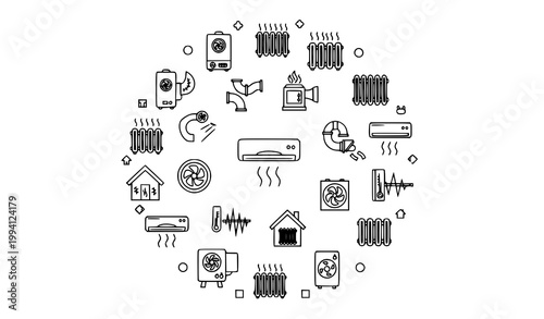 HVAC Heating and Cooling Outline Icon Pack Featuring Home Climate Equipment and Air Flow Symbols