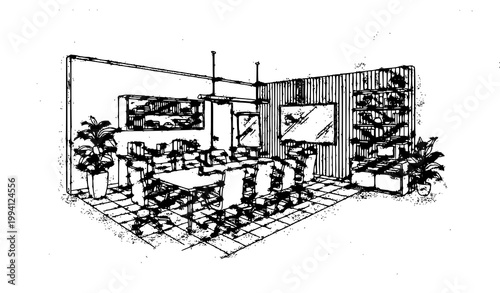 Office interior wide perspective line drawing with conference room furniture outline vector isolated on white
