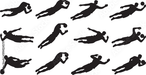 Flat vector goalkeeper diving to save a ball, dynamic stretch pose, simple shapes, modern style