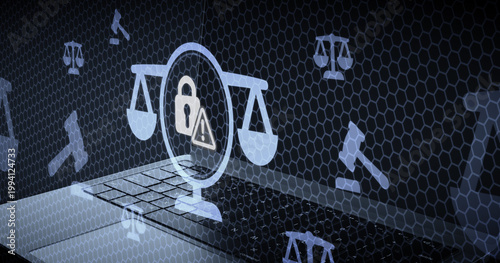 Obraz na plátne Digital legal concept with scales of justice and a security lock warning symbol