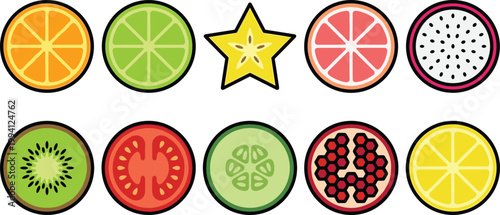 Colorful Fruit Slice Icon Set with Orange, Lime, Grapefruit, Dragon Fruit, Kiwi, Starfruit, Tomato, Pomegranate, and Lemon for Fresh Food Design