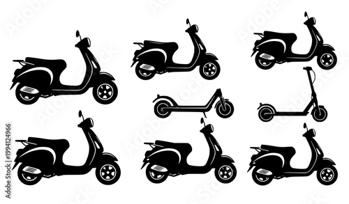 Scooter Silhouette Transport Vehicle Collection Urban Mobility Vector Illustration Set Isolated White Background