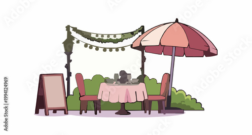 Romantic outdoor cafe table for two with lights umbrella and signboard night park terrace vector illustration on white
