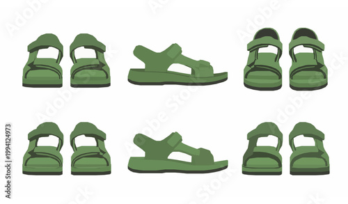 Stylish Green Beach Sandals Pair Summer Footwear Vector Set Isolated Minimal Flat Design Illustration