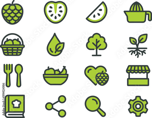 Cherimoya Fruit and Agriculture Icon Set with Leaves, Juice, Basket, Tree, Seedling, Market, and Healthy Organic Food Symbols for Farming Design