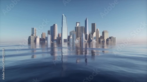 City skyline rises above calm waters with modern skyscrapers reflecting on the surface