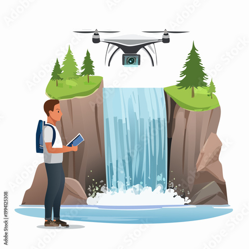 Person using drone for aerial photography at a waterfall illustration