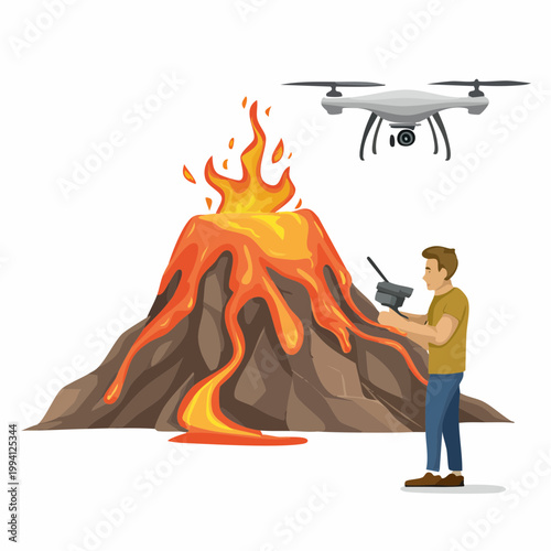 Scientist using drone to monitor erupting volcano illustration