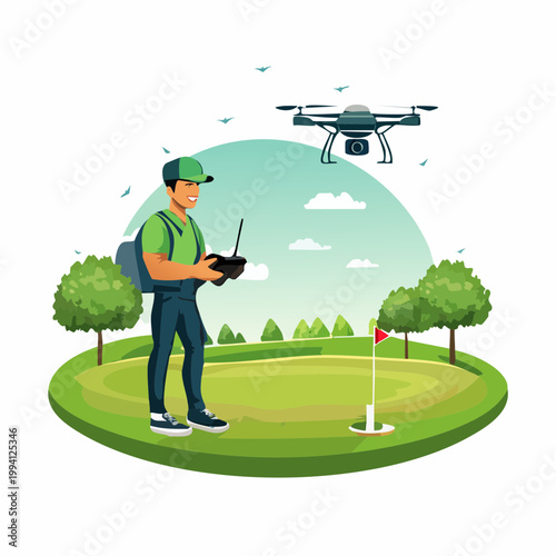 Man flying a drone over a scenic green golf course illustration