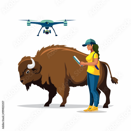 Researcher using drone technology to monitor wild bison illustration