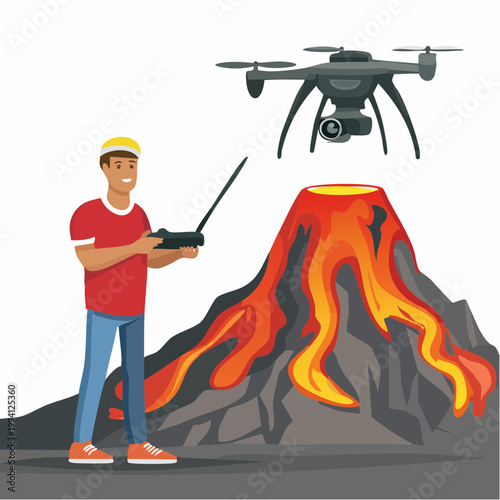 Man flying drone over erupting volcano vector illustration