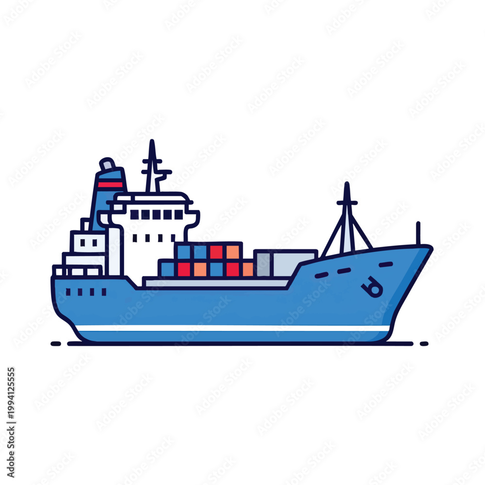 Fototapeta premium Flat Vector Illustration of a Cargo Container Ship for Global Logistics.