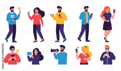 Modern people using mobile phones flat vector set with colorful men and women social media communication scenes