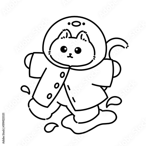 Cute cat wearing raincoat splashing in water, kawaii cartoon line art style, playful character isolated on white background, simple black outline illustration.