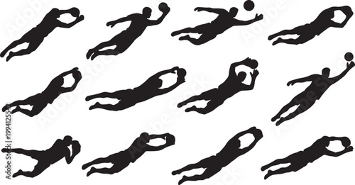 Flat vector goalkeeper diving to save a ball, dynamic stretch pose, simple shapes, modern style