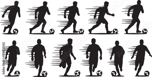 Flat vector soccer player running with ball, speed motion lines, modern illustration style,