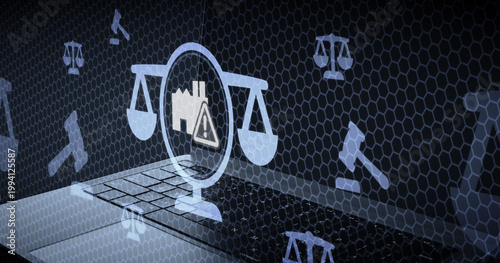 Obraz na plátně Digital legal concept with scales of justice and industrial warning sign hoverin