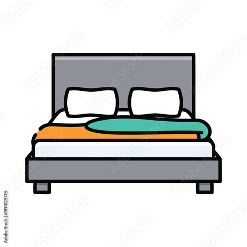 A colorful cartoon style illustration of a double bed with pillows and blankets.