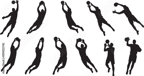 Flat vector goalkeeper diving to save a ball, dynamic stretch pose, simple shapes, modern style