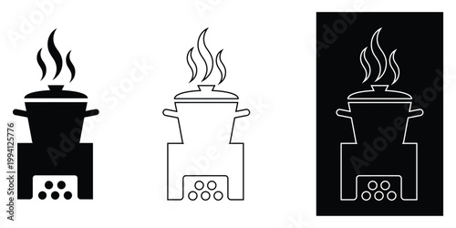 Three stovetop icons with boiling pots on burners in black and white